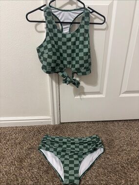 Green Checkerboard Tie-Front Bikini Set
